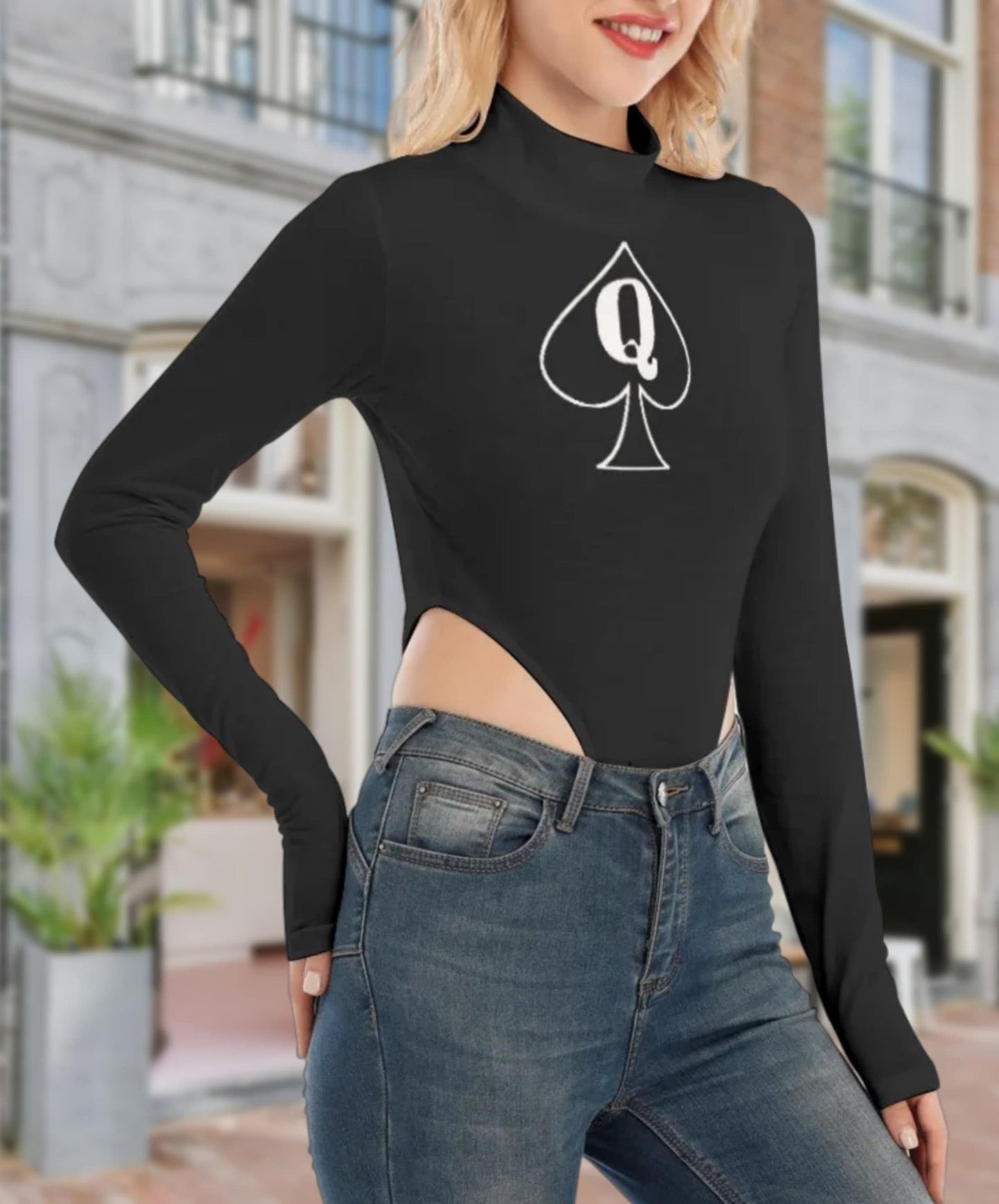 QUENN OF SPADES, Turtleneck Long Sleeve Jumpsuits , queen off spades tshirt, qos t-shirt,bbc, Cuckold Womens t-shirt,, slut clothing