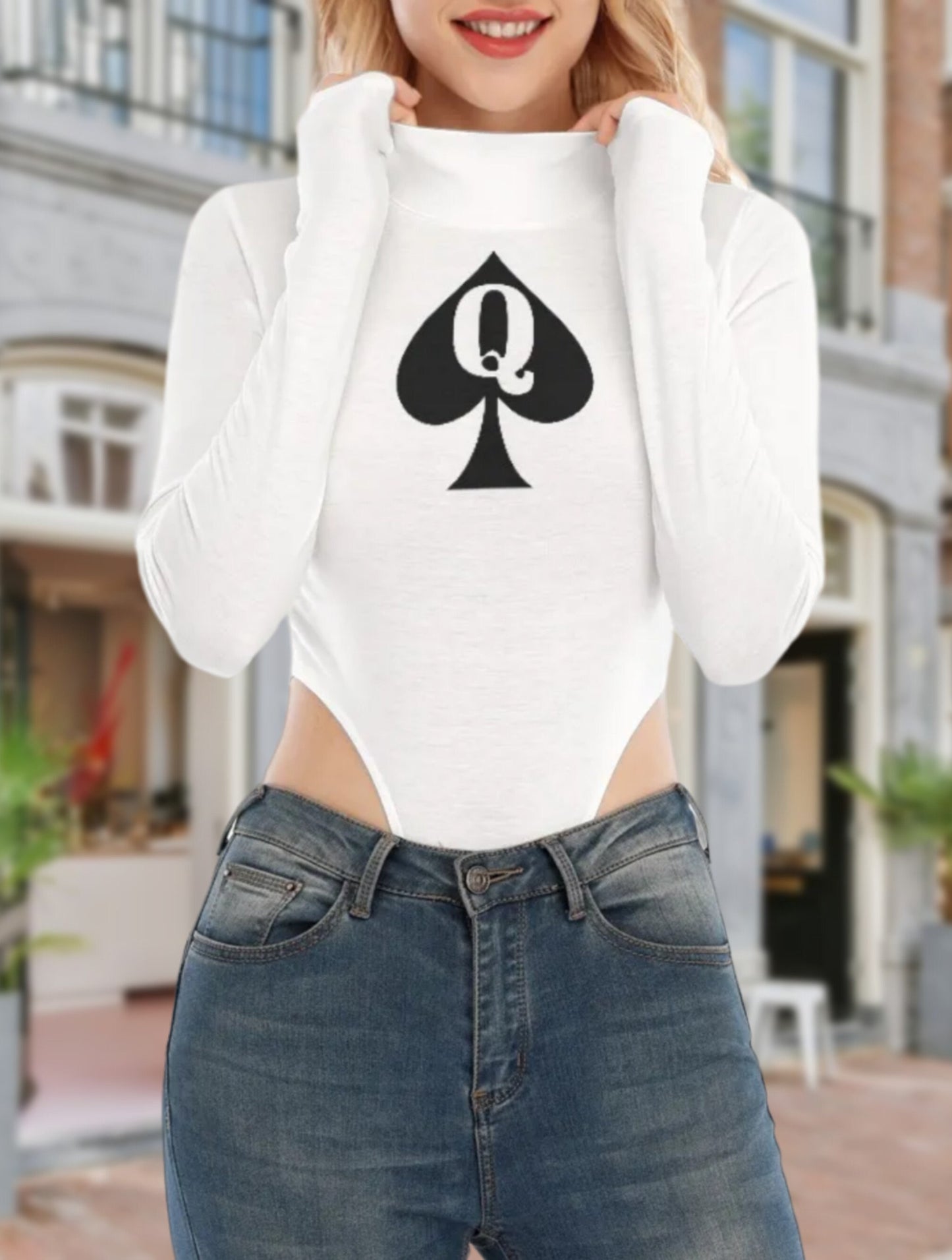 QUENN OF SPADES, Turtleneck Long Sleeve Jumpsuits , queen off spades tshirt, qos t-shirt,bbc, Cuckold Womens t-shirt,, slut clothing