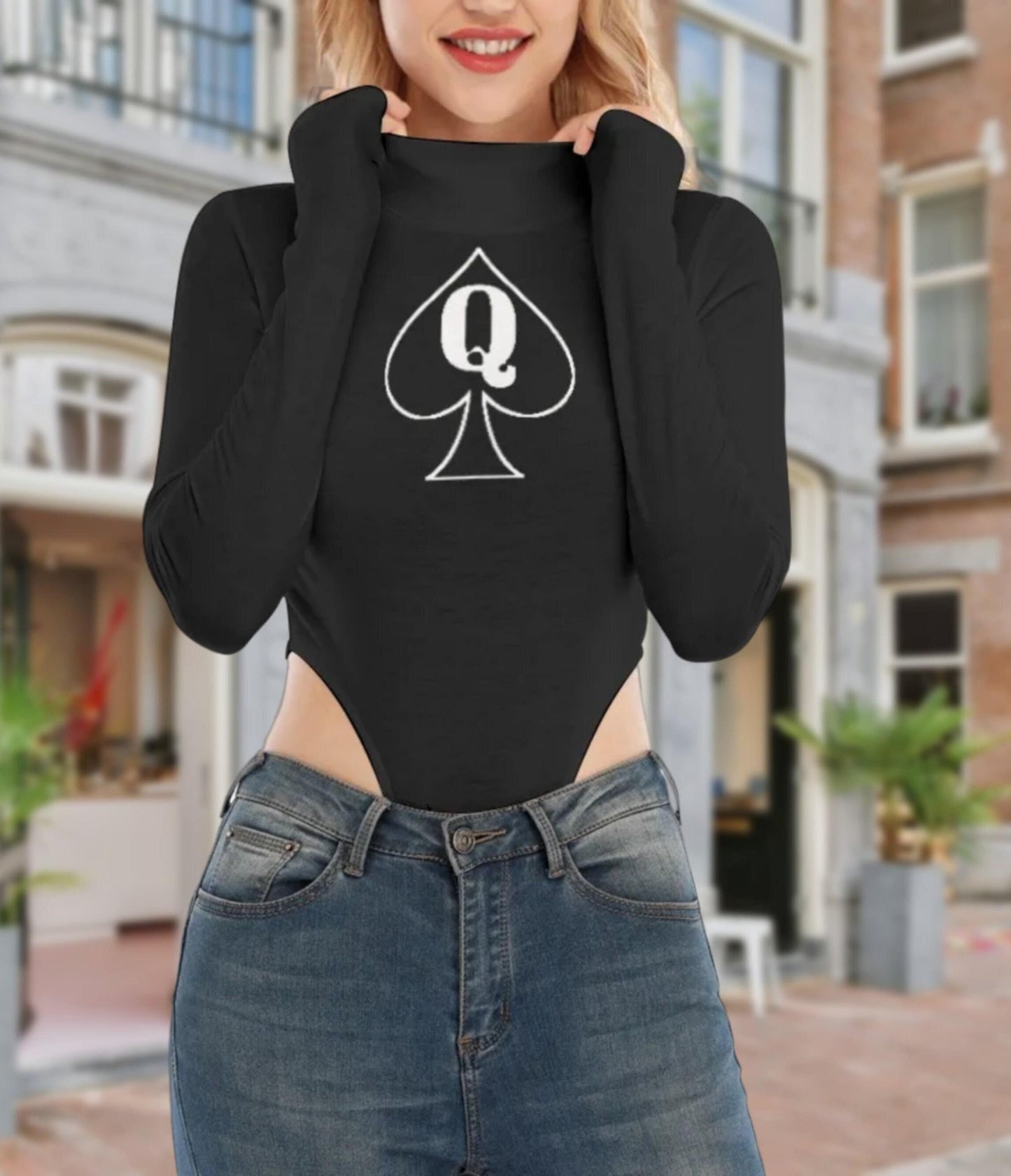 QUENN OF SPADES, Turtleneck Long Sleeve Jumpsuits , queen off spades tshirt, qos t-shirt,bbc, Cuckold Womens t-shirt,, slut clothing