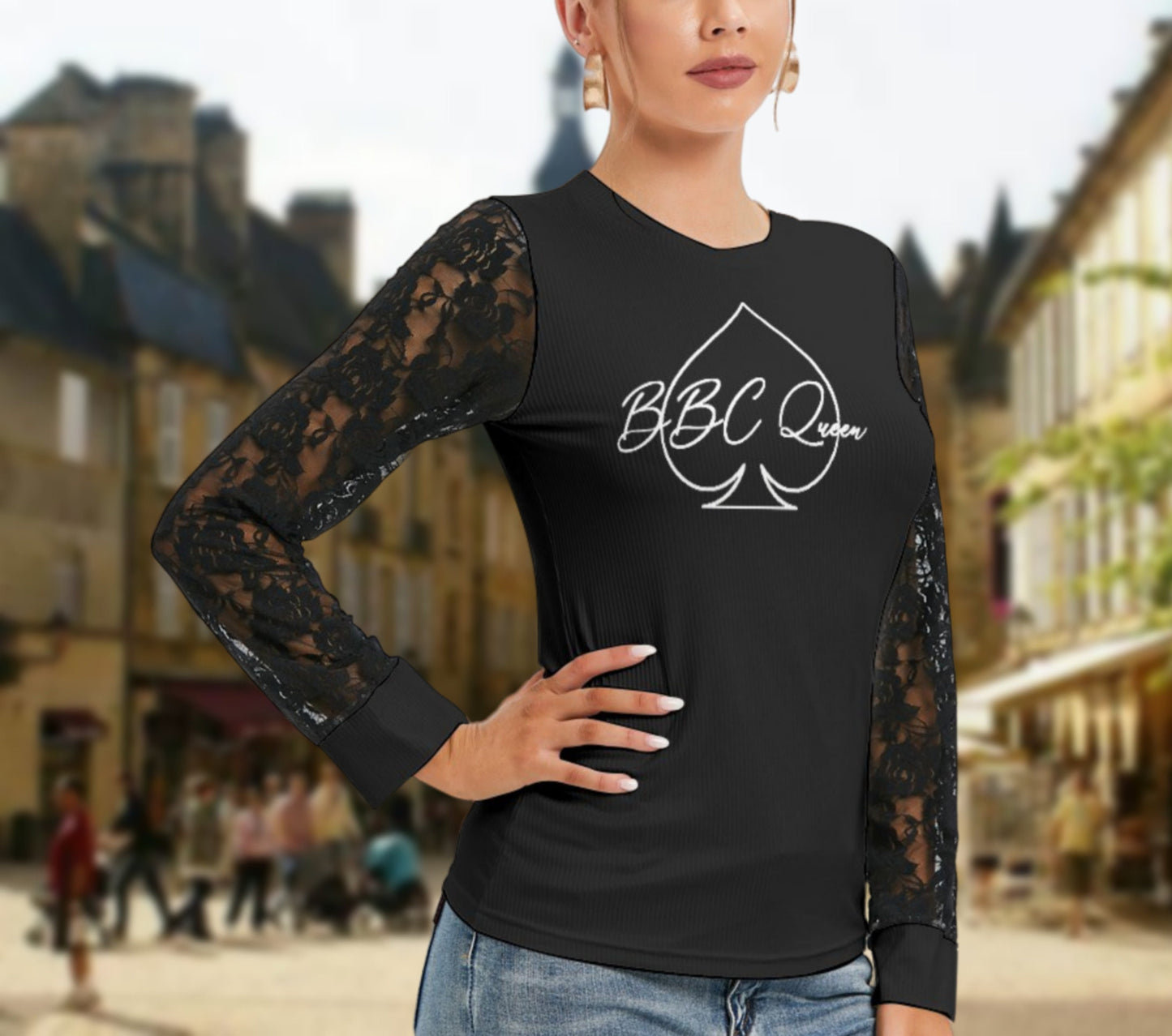 QUEEN OF SPADES T-shirt And Sleeve With Black Lace,cuckolding, hotwife dress, qos dress, queen of spades clothing, bbc  dress, qos skirt,