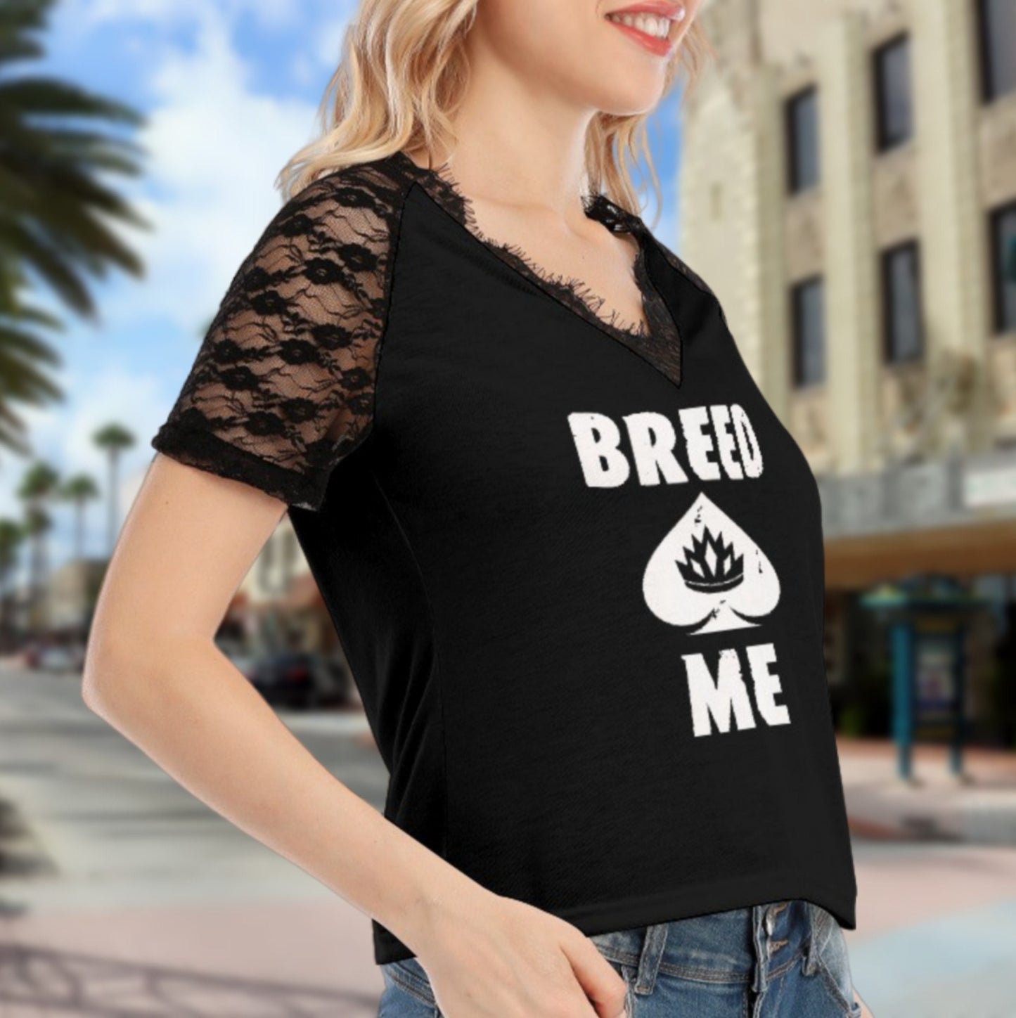 BREED ME V-neck T-shirt With Lace, queen off spades tshirt, qos t-shirt,bbc, Cuckold Womens t-shirt,, slut clothing, queen of spades