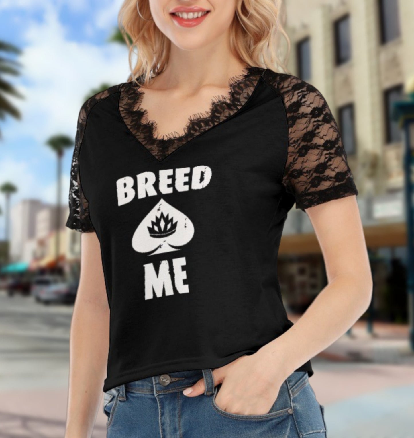 BREED ME V-neck T-shirt With Lace, queen off spades tshirt, qos t-shirt,bbc, Cuckold Womens t-shirt,, slut clothing, queen of spades