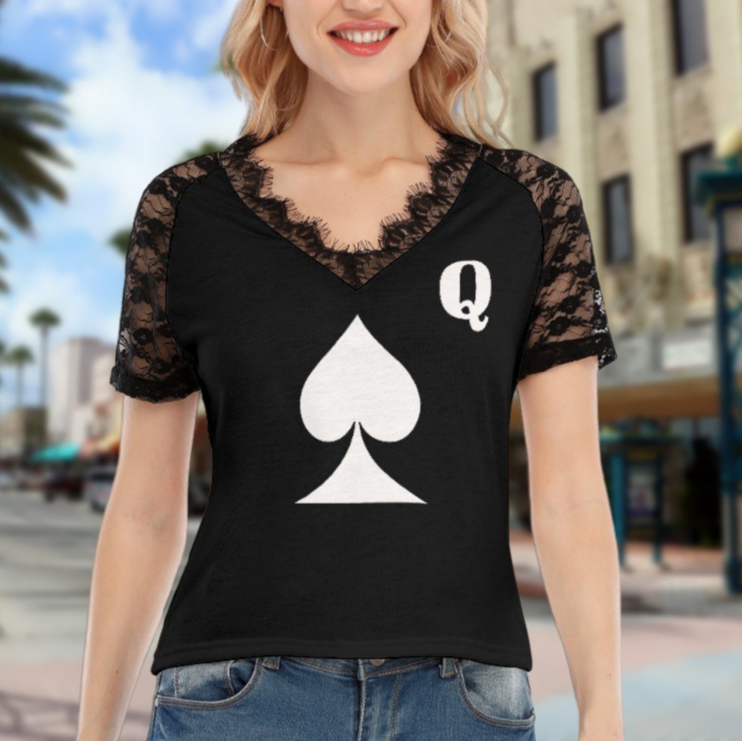 QUEEN OF SPADES V-neck T-shirt With Lace, queen off spades tshirt, qos t-shirt,bbc, Cuckold Womens t-shirt,, slut clothing, queen of spades