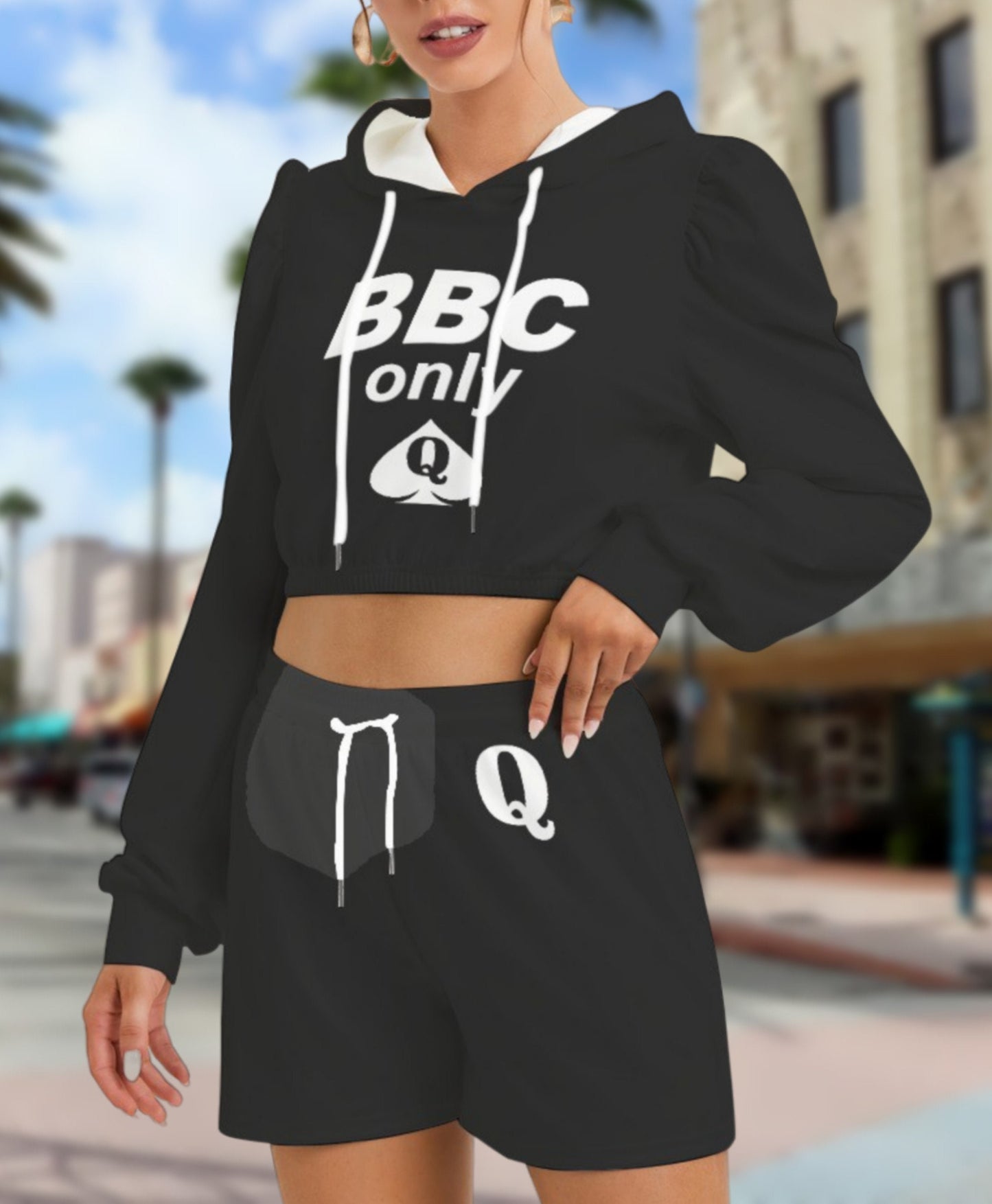 BBC ONLY Mirco Fleece Hoodie And Shorts Set , queen off spades SHORT, qos t-shirt,bbc,,, slut clothing, queen of spades, qos top