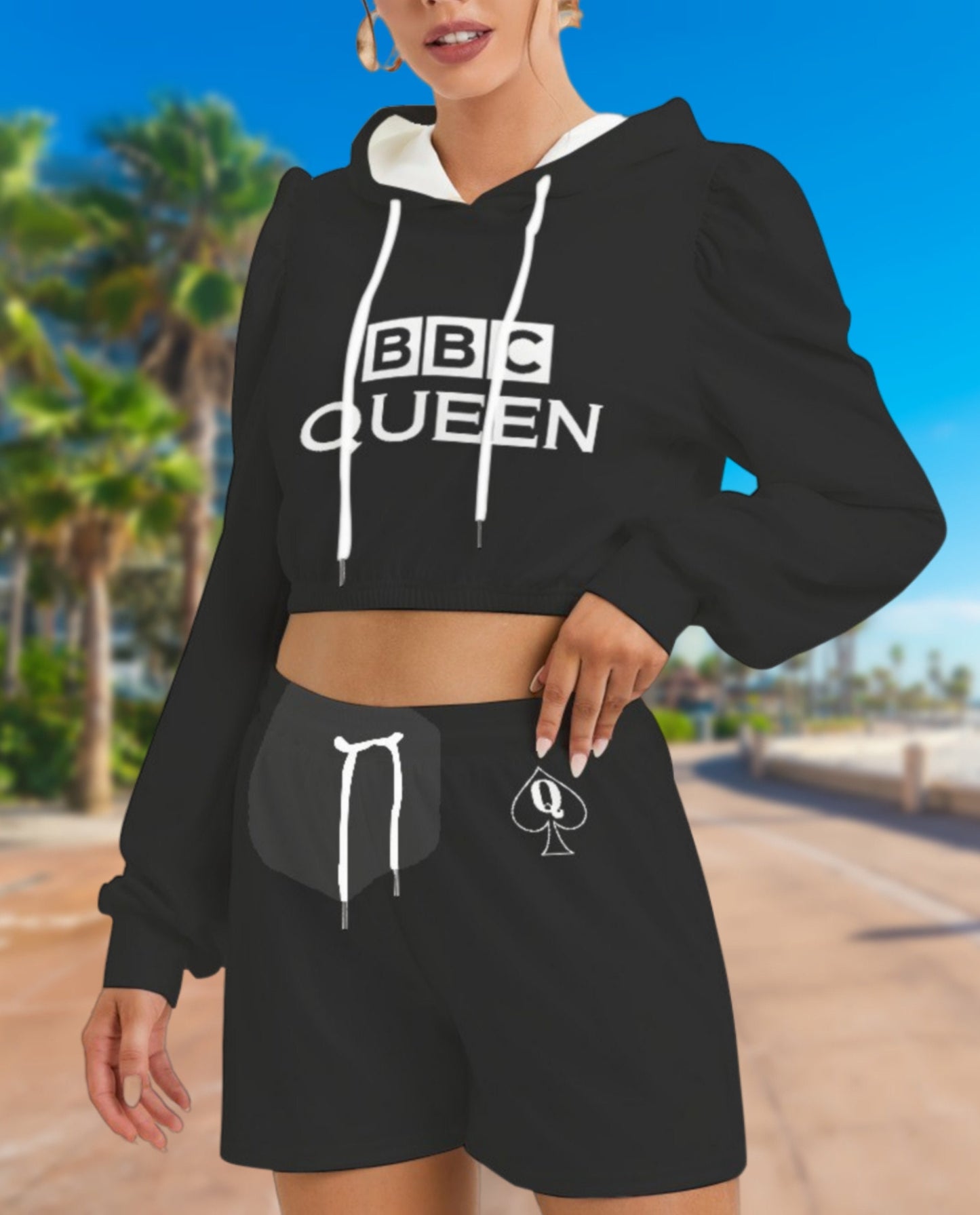 BBC QUEEN Mirco Fleece Hoodie And Shorts Set , queen off spades SHORT, qos t-shirt,bbc,,, slut clothing, queen of spades, qos top