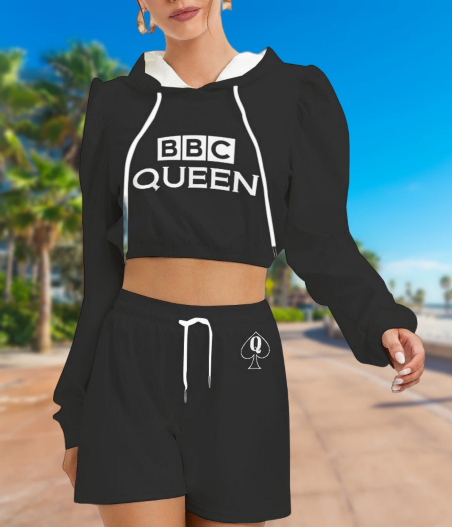 BBC QUEEN Mirco Fleece Hoodie And Shorts Set , queen off spades SHORT, qos t-shirt,bbc,,, slut clothing, queen of spades, qos top