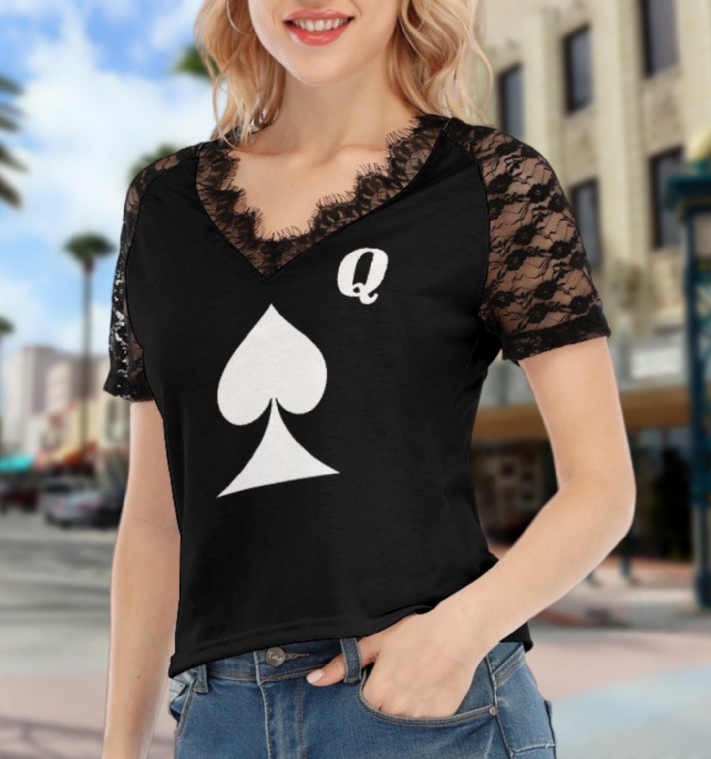 QUEEN OF SPADES V-neck T-shirt With Lace, queen off spades tshirt, qos t-shirt,bbc, Cuckold Womens t-shirt,, slut clothing, queen of spades