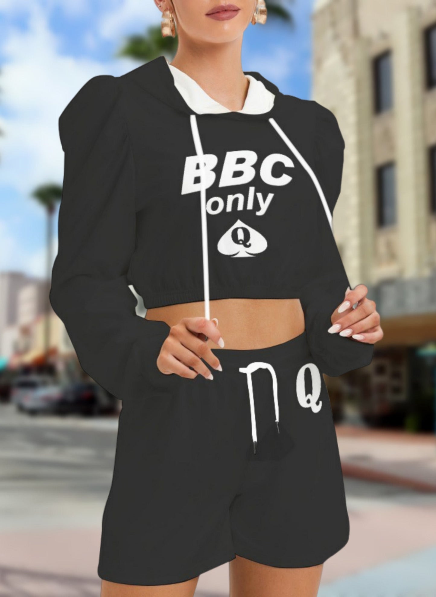 BBC ONLY Mirco Fleece Hoodie And Shorts Set , queen off spades SHORT, qos t-shirt,bbc,,, slut clothing, queen of spades, qos top