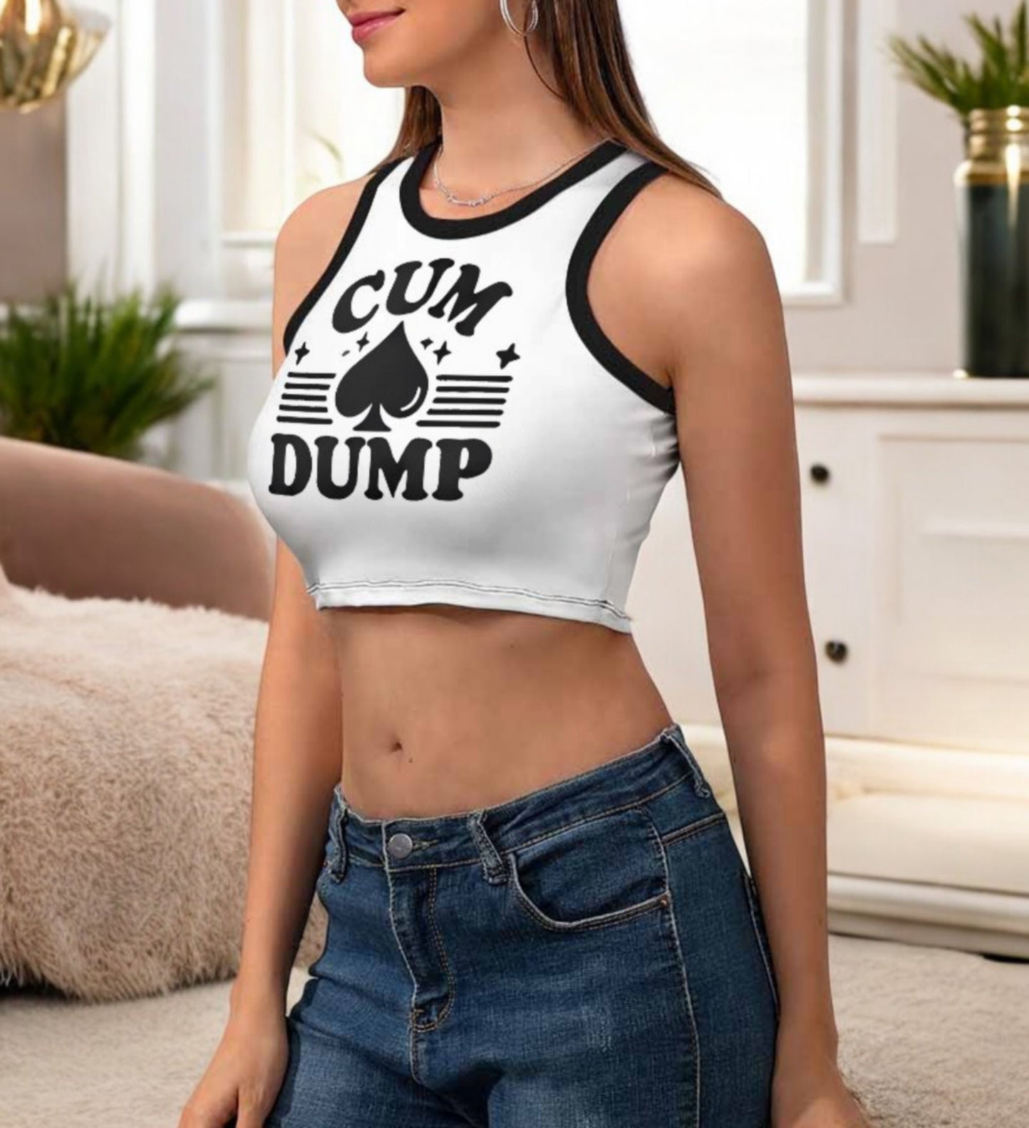 Cum Dump Cropped Slim Racer Tank Top, 3 Colors - Queen of Spades QOS T-Shirt - BBC Cuckold Slut Clothing - Sexy and Bold Festival Wear