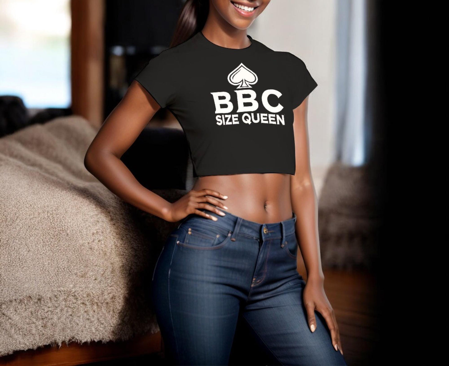 BBC Size Queen Crop-Tank Top - Ultimate Hotwife Attire, Bold Cuckolding Apparel, Naughty Temptress Clothing, Queen of Spades Crop Top