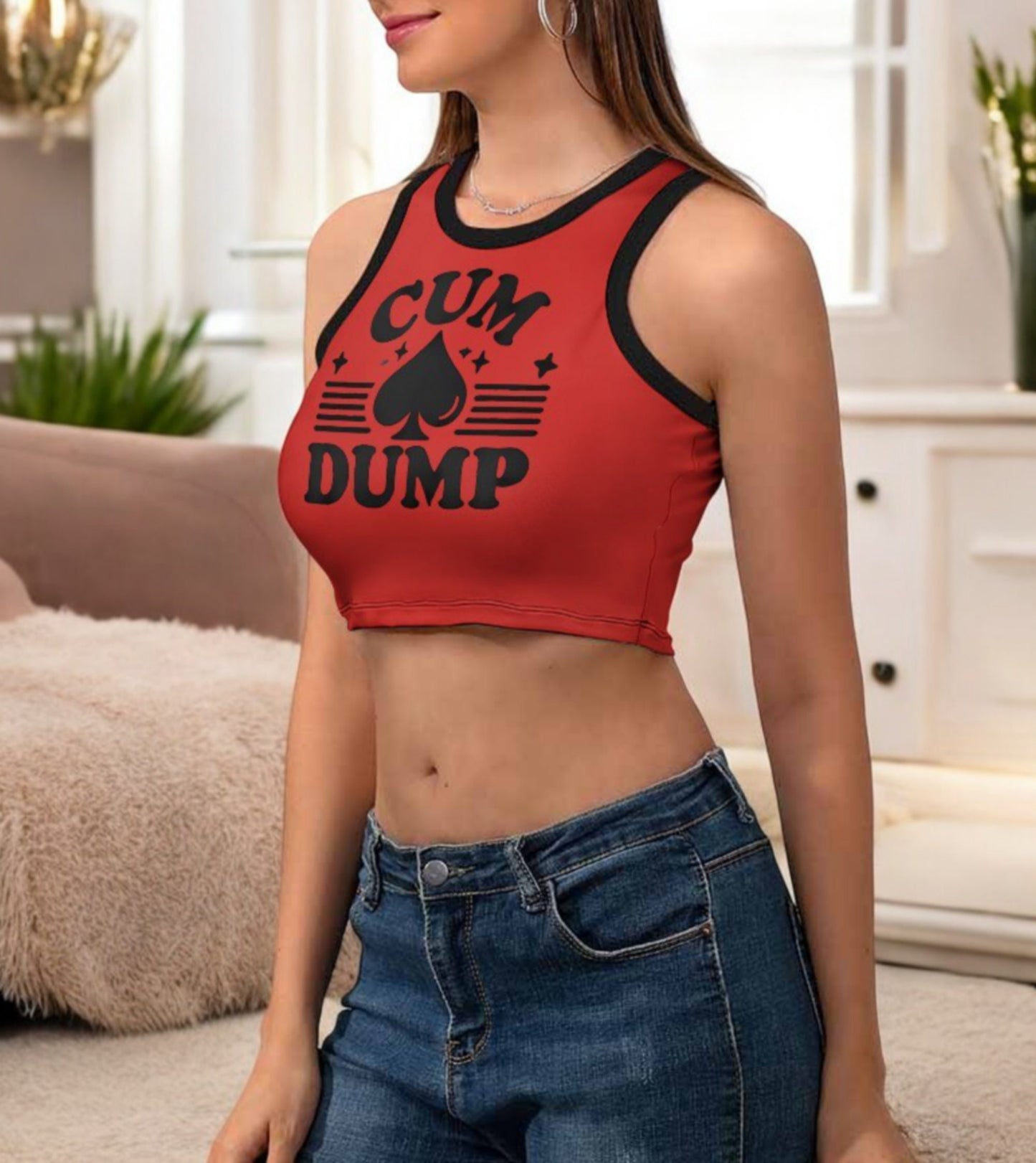 Cum Dump Cropped Slim Racer Tank Top, 3 Colors - Queen of Spades QOS T-Shirt - BBC Cuckold Slut Clothing - Sexy and Bold Festival Wear