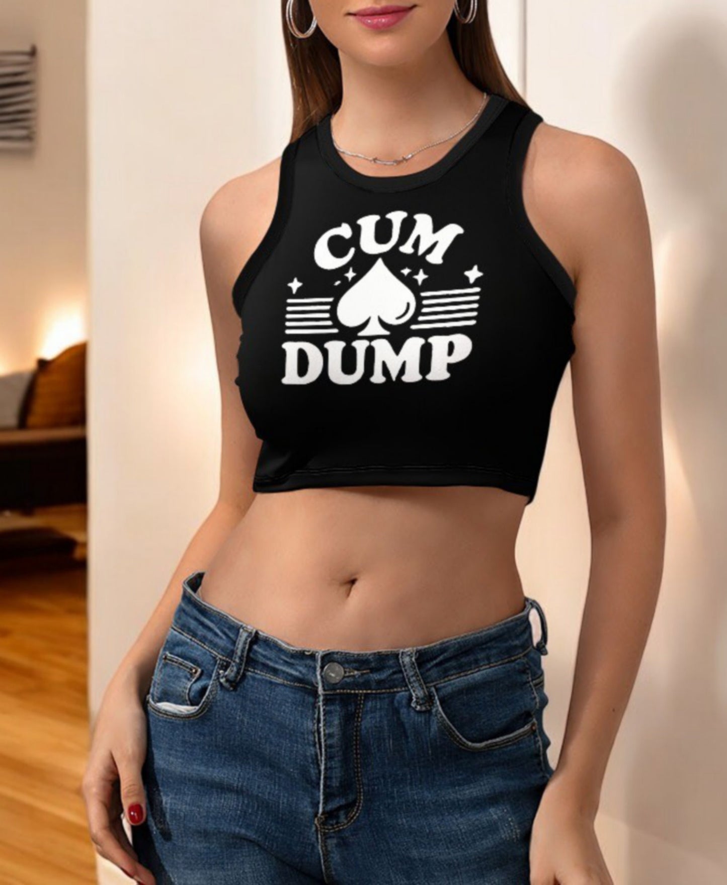 Cum Dump Cropped Slim Racer Tank Top, 3 Colors - Queen of Spades QOS T-Shirt - BBC Cuckold Slut Clothing - Sexy and Bold Festival Wear