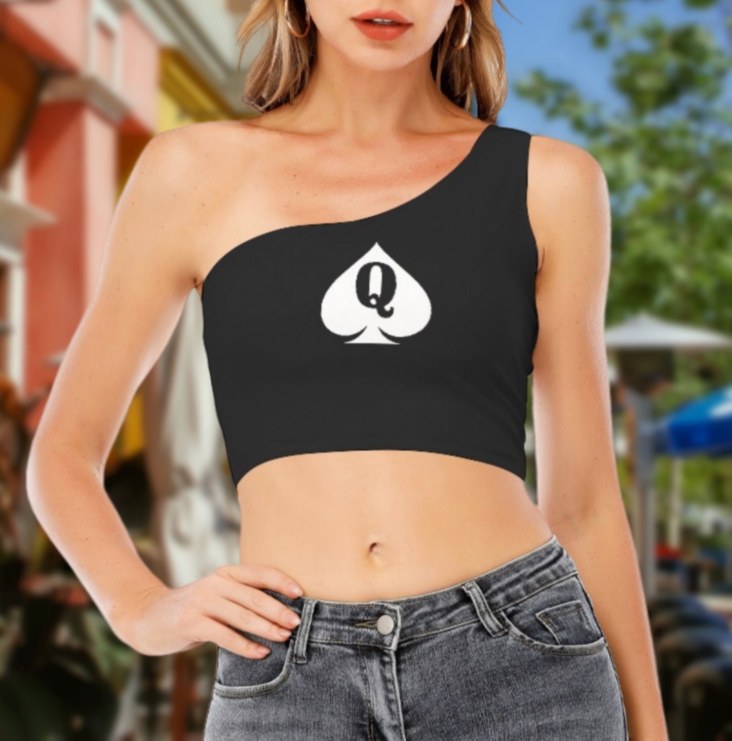 QUEEN OF SPADE One-Shoulder Cropped Top, queen off spades tshirt, qos t-shirt,t-shirt bbc Cuckold Womens t-shirt,, slut clothing