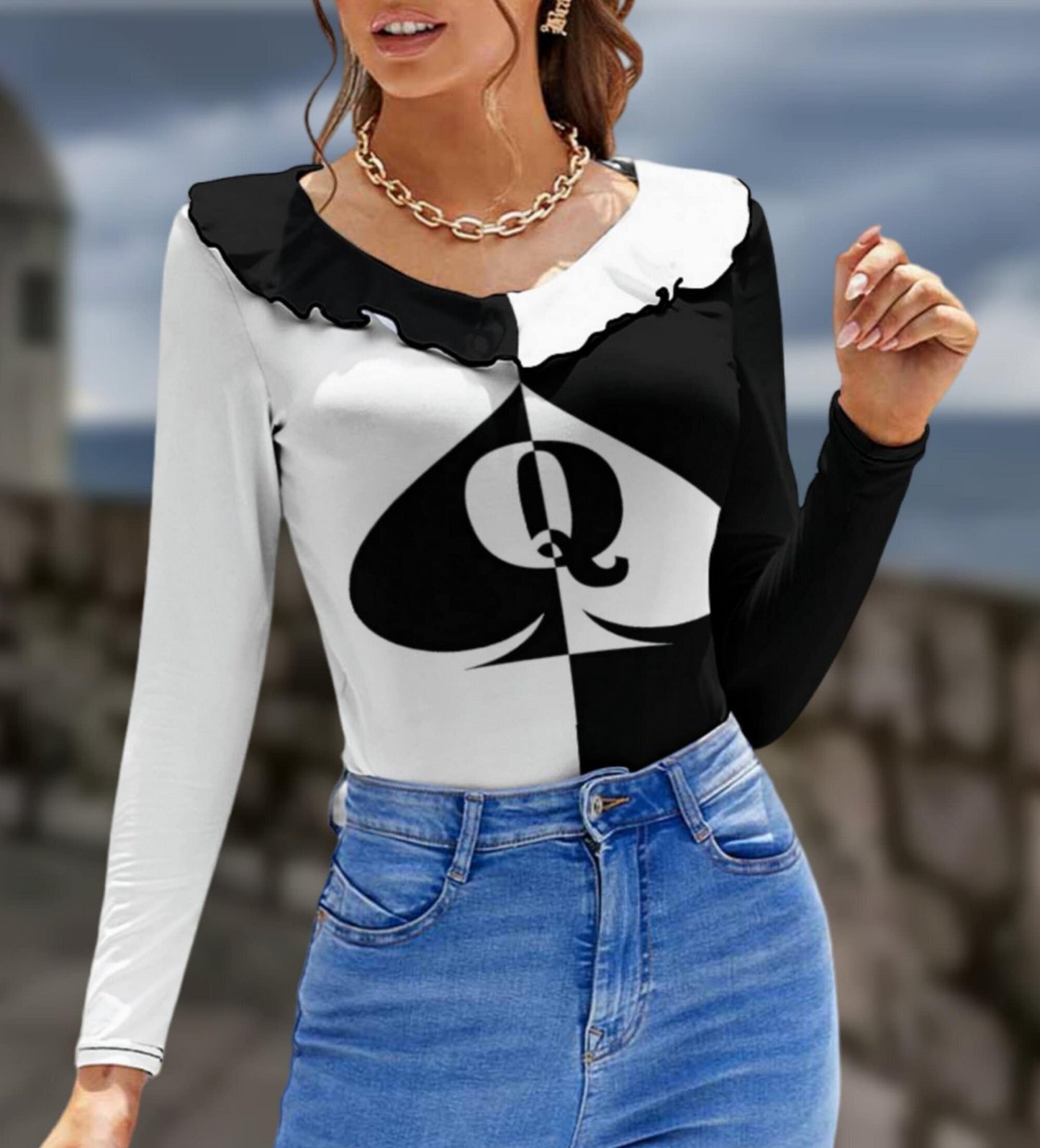 QUEEN OF SPADES Long Sleeve Ruffle T-Shirt, top queen off spades, qos t-shirt,t-shirt bbc Cuckold , slut clothing