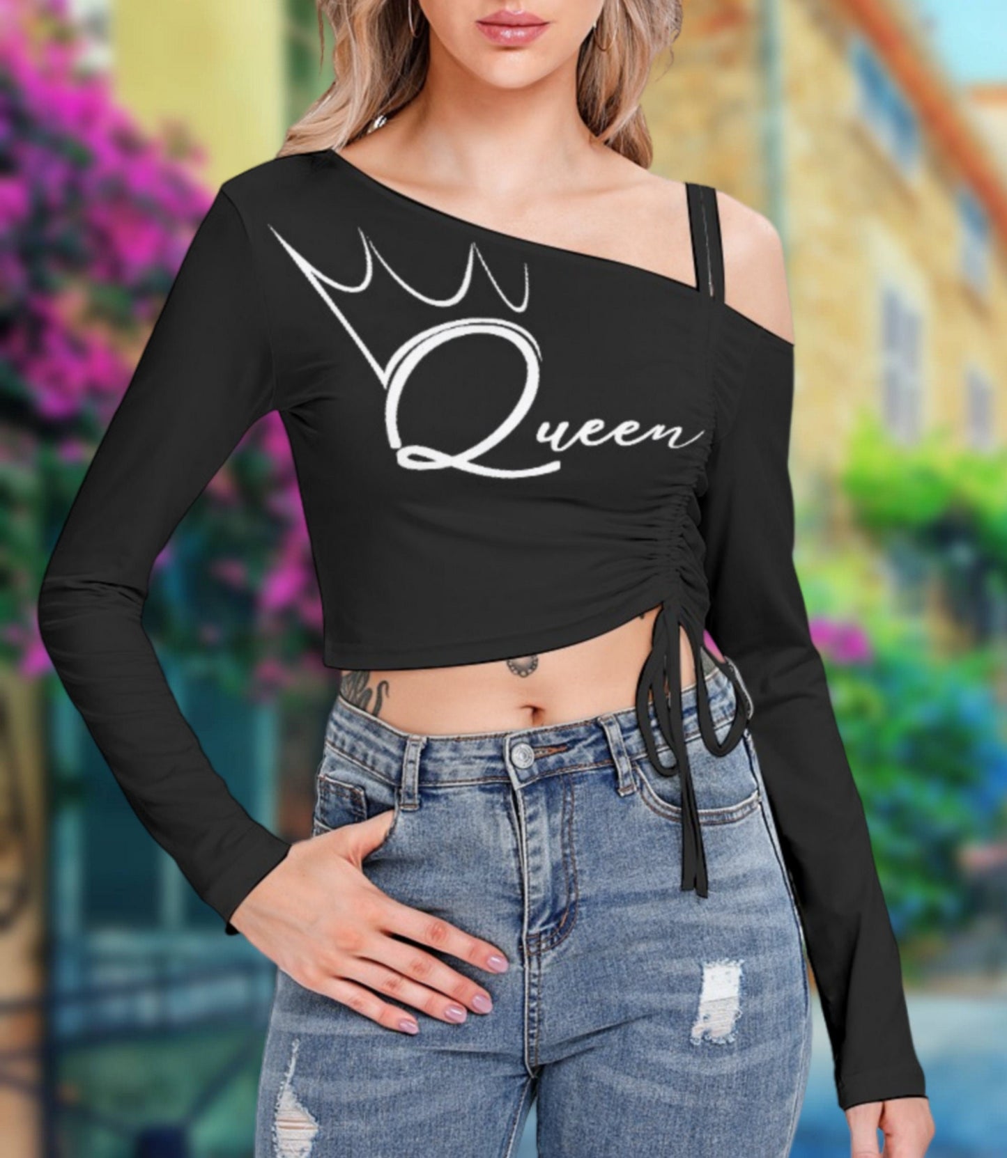 QUEEN OF SPADES One-shoulder Blouse , top queen off spades, qos t-shirt,t-shirt bbc Cuckold , slut clothing