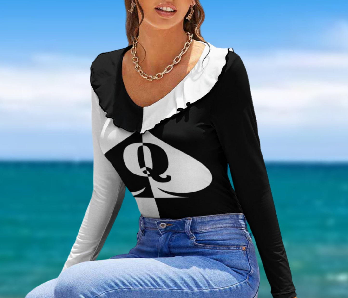 QUEEN OF SPADES Long Sleeve Ruffle T-Shirt, top queen off spades, qos t-shirt,t-shirt bbc Cuckold , slut clothing