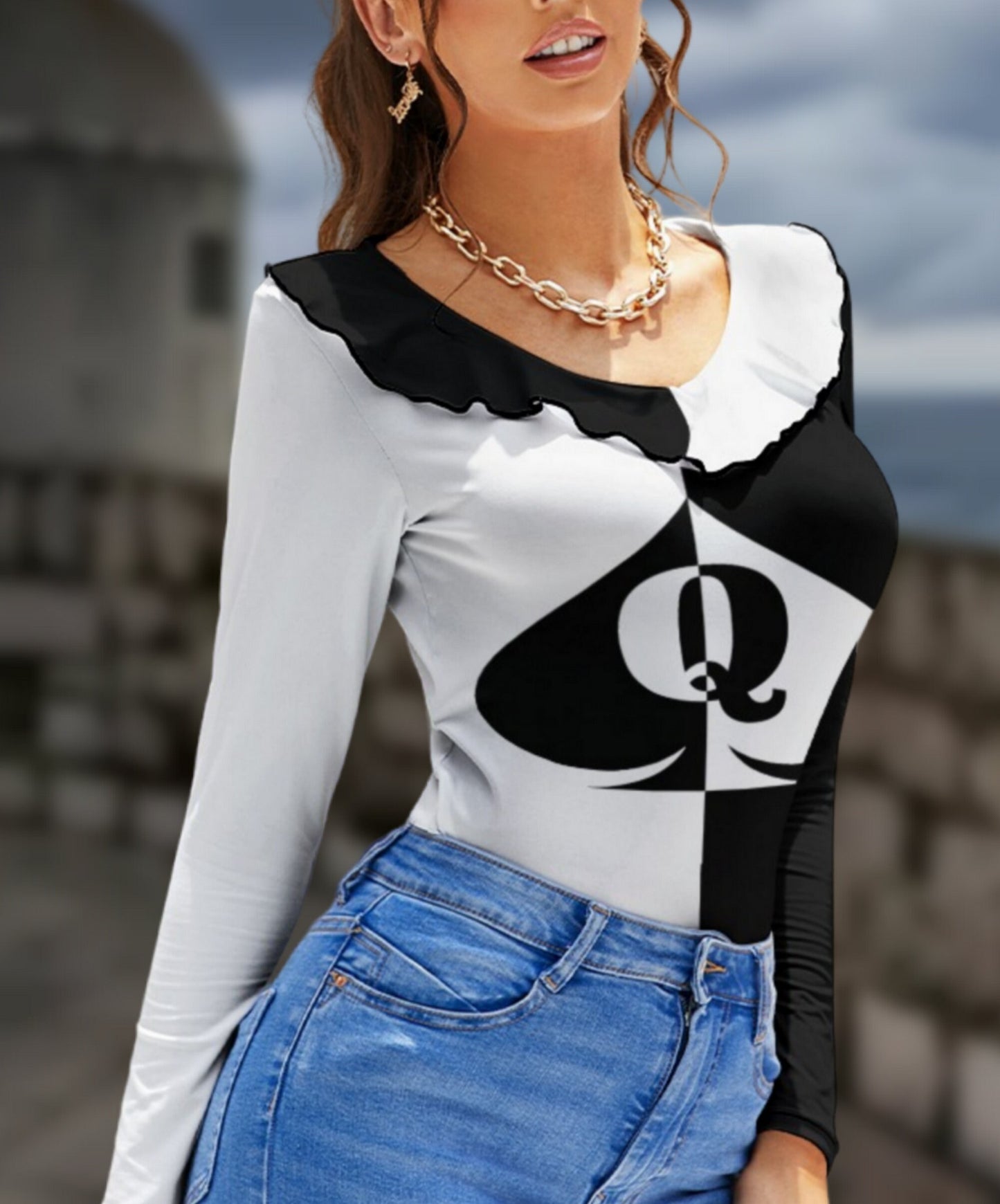 QUEEN OF SPADES Long Sleeve Ruffle T-Shirt, top queen off spades, qos t-shirt,t-shirt bbc Cuckold , slut clothing