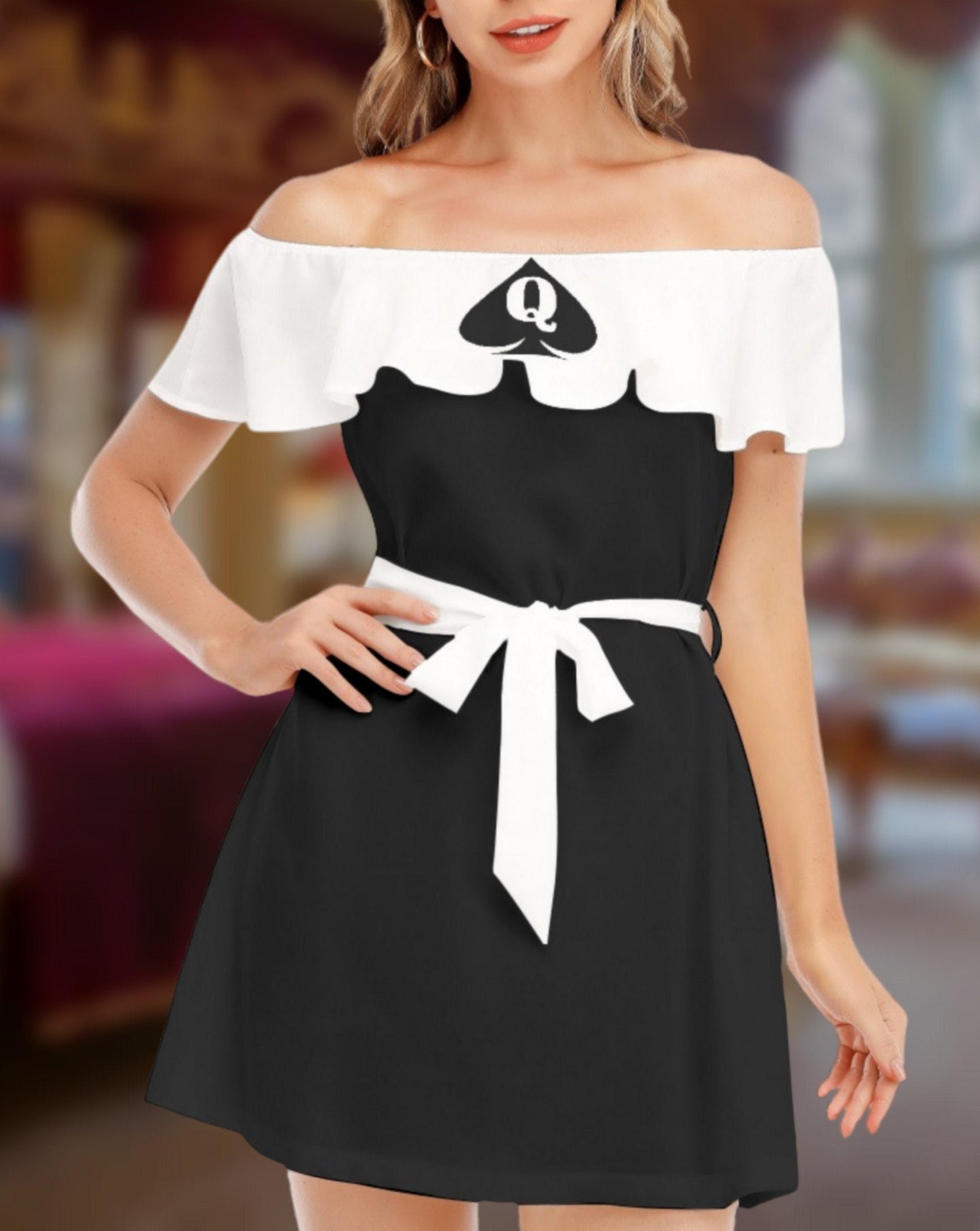 QUEEN OF SPADES maid Off-shoulder Dress With Ruffle, slut clothing, cuckolding, hotwife dress, qos dress, queen of spades clothing,qos dress