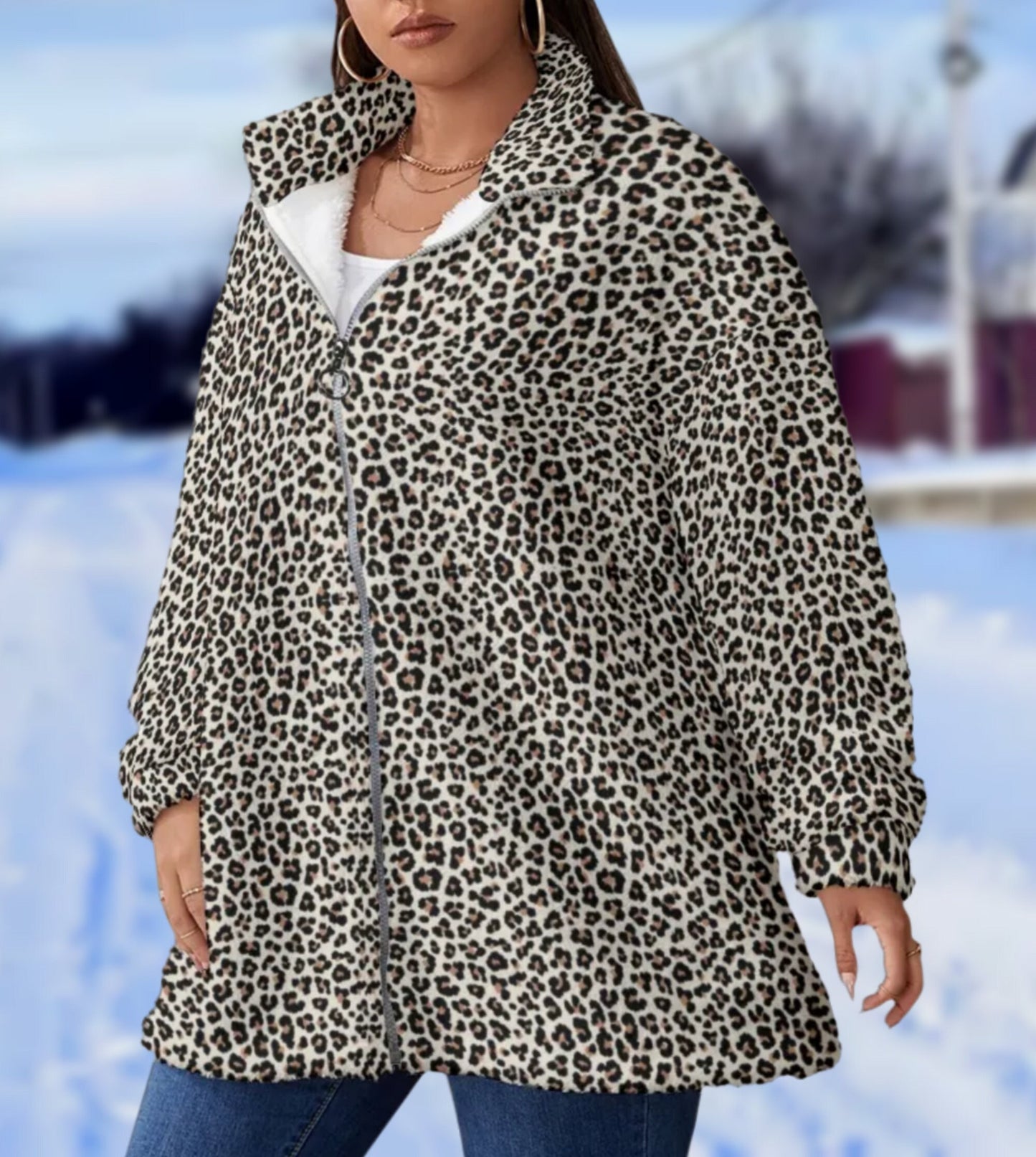 QUEEN OF SPADES Borg Fleece Stand-up Collar Coat snow leopard, large size, qos, queen of spades clothing, slut clothing, hotwife.