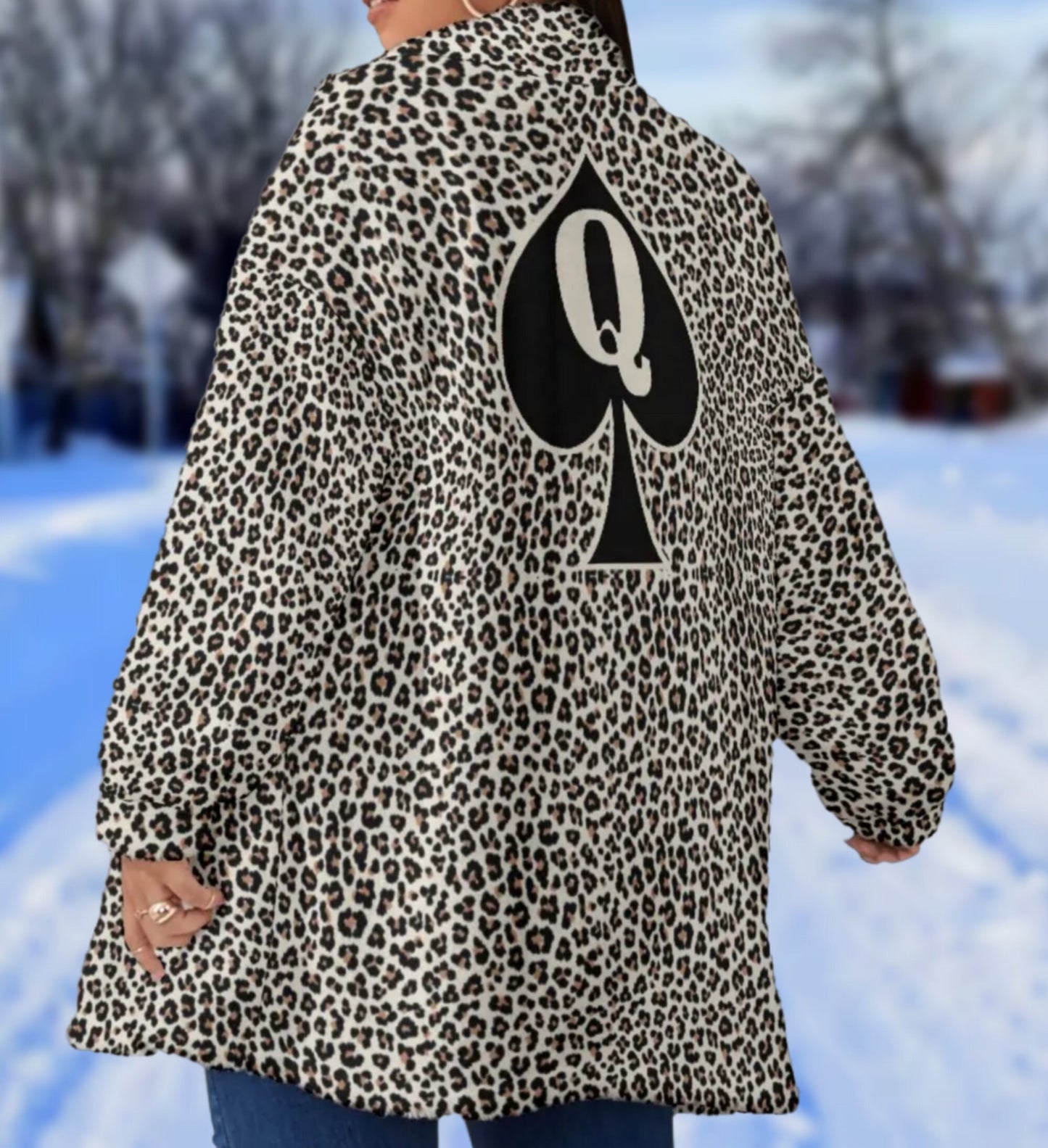 QUEEN OF SPADES Borg Fleece Stand-up Collar Coat snow leopard, large size, qos, queen of spades clothing, slut clothing, hotwife.