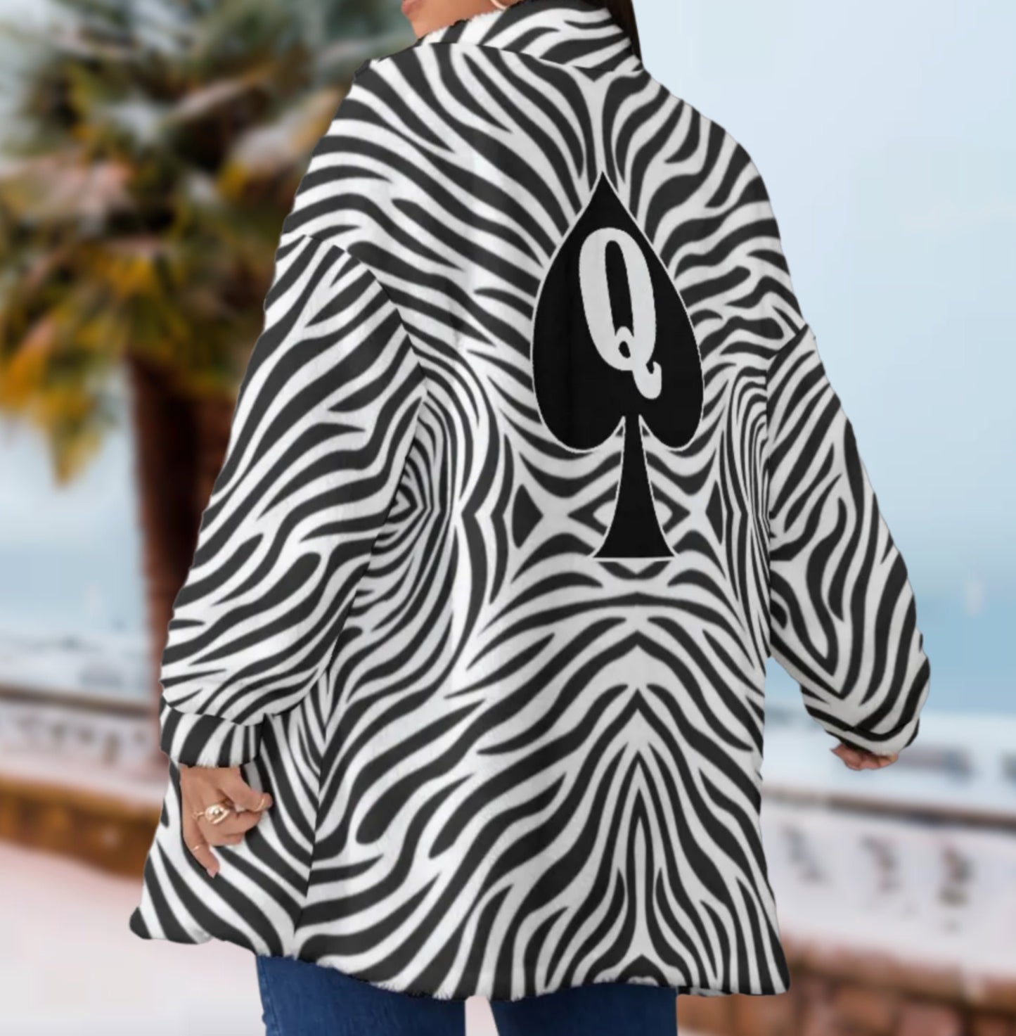 QUEEN OF SPADES Borg Fleece Stand-up Collar Coat Zebra, large size, qos, queen of spades clothing, slut clothing, hotwife.