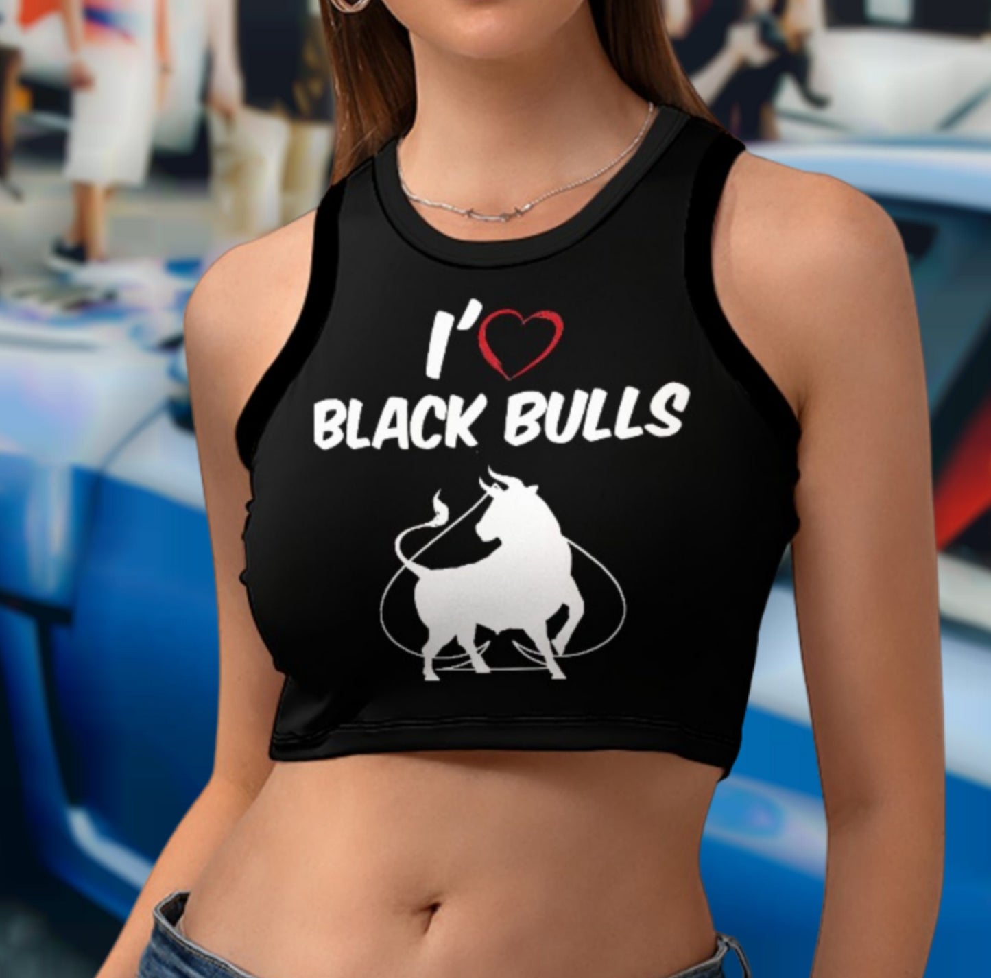 i love BLACK BULLS Women's Cropped Slim Racer Tank Top, top queen off spades, qos t-shirt,t-shirt bbc Cuckold , slut clothing