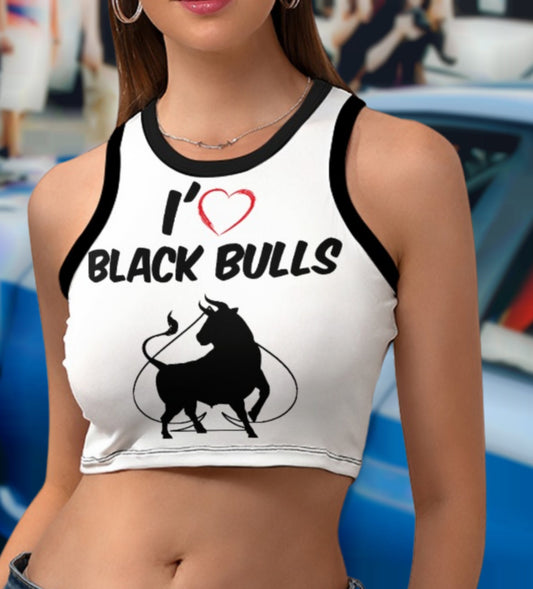 i love BLACK BULLS Women's Cropped Slim Racer Tank Top, top queen off spades, qos t-shirt,t-shirt bbc Cuckold , slut clothing